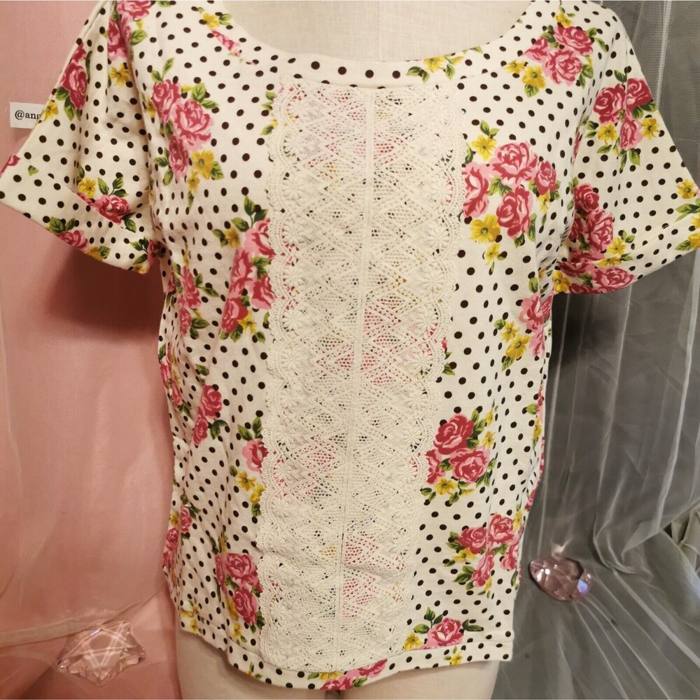 Ank Rouge Cute Top Small Floral Roses Lace Polka Dot Mori Kei Womens Tee Shirt